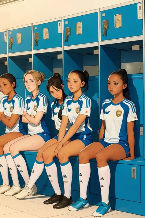 group of girls, in locker room, soccer uniform, fullbody shot, sitting on benches, sweaty