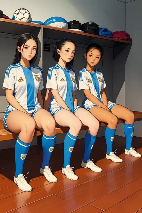 group of girls, in locker room, soccer uniform, fullbody shot, sitting on benches, sweaty