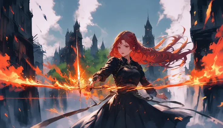 1 beautiful woman with long red hair, , Flying through the burning sky, An abandoned city can be seen in the background., Light from a flame, Very high resolution, Very high resolution, Dynamic configuration, Intricate details, Cinematic Vision, Action ima...