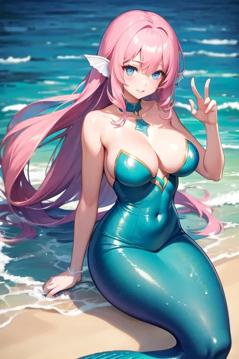 Mermaid girl with pink hair and dark blue eyes filled with sperm on her breasts