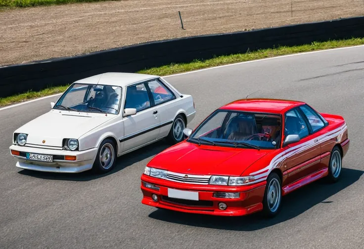 in a road car race, an old European family passenger car (with red paint) overtakes all modern sports cars (with white paint)