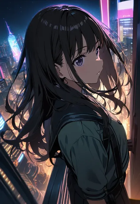 1girl, inoue takina, lycoris recoil, standing on a balcony overlooking a bustling, futuristic city at night, neon lights casting colorful glows. The cinematic lighting emphasizes her contemplative and resolute expression as she looks out over the vibrant c...