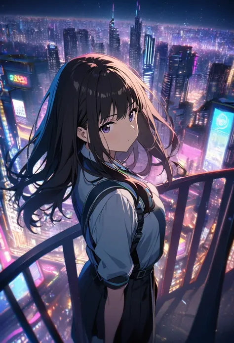 1girl, inoue takina, lycoris recoil, standing on a balcony overlooking a bustling, futuristic city at night, neon lights casting colorful glows. The cinematic lighting emphasizes her contemplative and resolute expression as she looks out over the vibrant c...