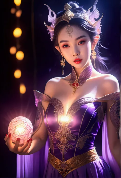 1 beautiful girl in Thai dress, purple thin silk clothing，white，The textures are diverse., white蕾丝上衣, Long platinum ponytail, hair accessories, earring, Light purple rabbit ears, Necklaces and necklaces, Carefully draw large purple eyes., delicate makeup, ...