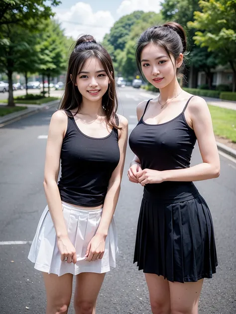 (faithful reproduction of the eyes and facial features in the aforementioned image: 1.3), one pretty women, (standing: 1.1), (wearing black spaghetti strap tank top: 1.1), (wearing pleated skirt: 1.1), long hair, ponytail, (smile face face: 1.1), (medium-b...