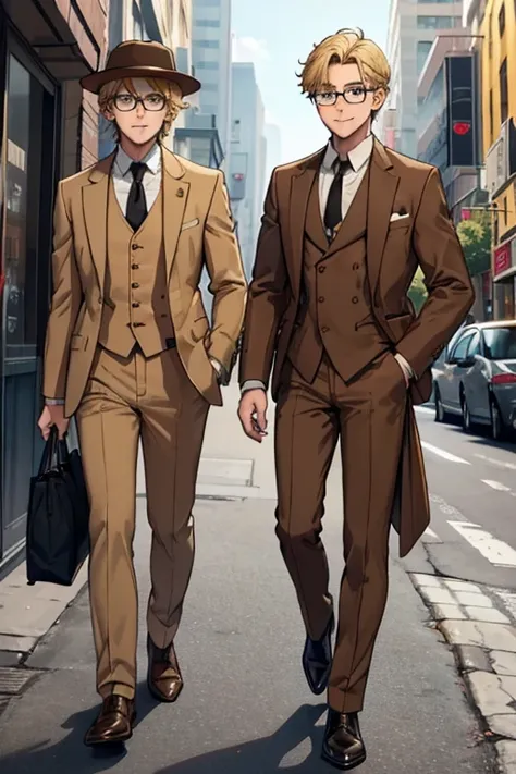 male, blonde short messy hair, blue eyes, (((1boy))), (((brown suit jacket))), (white dress shirt), (golden yellow vest), (brown dress pants), (black necktie), (black dress shoes), (brown trilby hat), (glasses), young, long legs, smiling, single man, no ot...