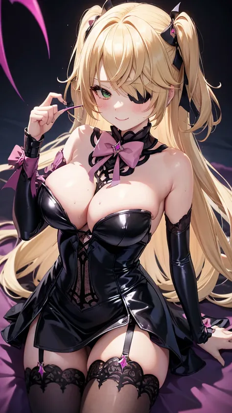 Erotic、Blonde medium straight、Big Breasts、Tight waist、Gothic Lolita、Pink and black latex dress　Pink line、adult、Married Woman、Evil female executive、tall、sexy、Wicked Smile、lure、Alluring、excited、Pitch black background、Dark bedroom at night、garter belt、stockin...