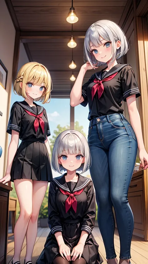 Three Women　Group photo　Everyone looks at the camera　(left　Silver Hair　Short Hair　Tallest　Sharp Eyes　smile　Work clothes)　(middle　Black Hair　Medium Hair　The shortest　引きつったsmile　Black Sailor Suit　Long skirt)　(right　Blonde　Bob cut with small braids　Second tal...