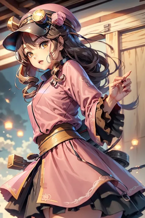 an anime art depicting a girl dressed in a pink dress and a hat, 1girl, solo, brown hair, japanese clothes, jintsuu (kancolle), long hair, kimono, headband, brown eyes