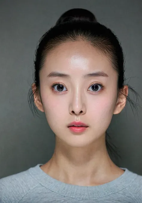 girl, 独奏, Mug shot, Cold expression, Lady, High nose, Swan neck, Slender eyes, big eyes, Larger mouth, Low Ponytail,  Wide forehead