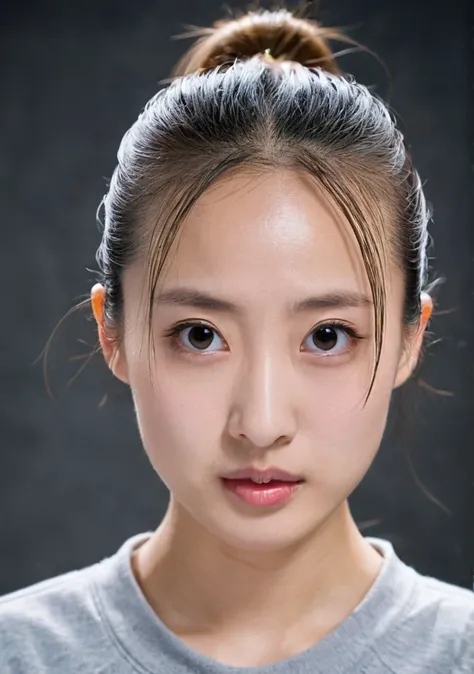 girl, 独奏, Mug shot, Cold expression, Lady, High nose, Swan neck, Slender eyes, big eyes, Larger mouth, Low Ponytail,  Wide forehead