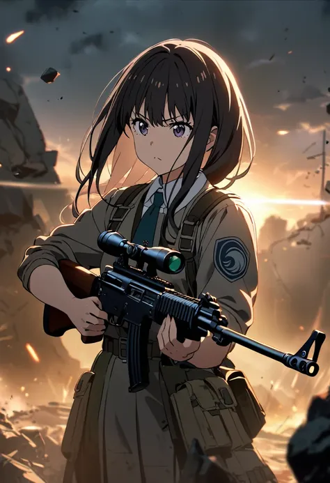 1girl, inoue takina, lycoris recoil, on a war-torn battlefield at dawn, with the first light of day breaking through smoke and debris. She is holding an AK-5 rifle, aiming with a focused and determined posture. The cinematic lighting highlights her battle-...