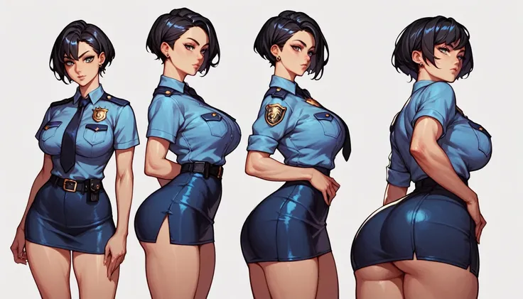 Anime Style,Girl,policewoman,mini skirt,Black Hair、short hair,Large Breasts,Small waist,Big Ass,tall,