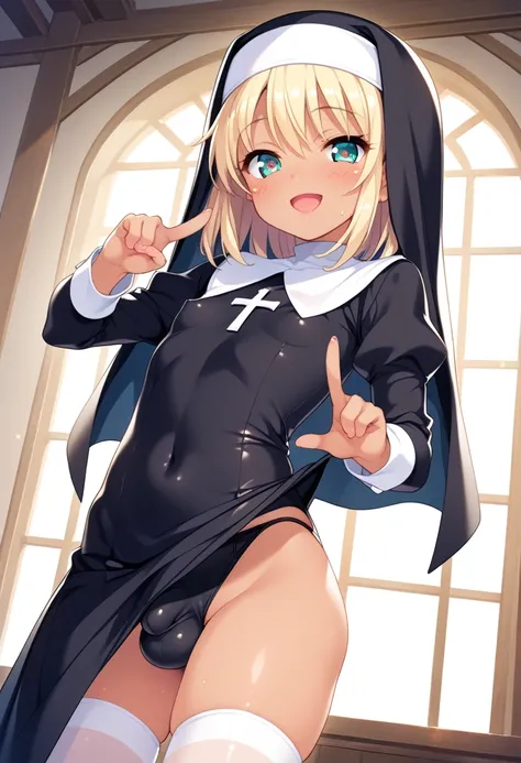 1girl,  futanari, Bulge between the legs, tiny girl, young girl, mesugaki, mesugaki smile, Nuns, nuns costumes, Teasing, naughty looks, heart eyes, A girl pointing to her own head:1.3, tidy, Focus on the girl, glossy skin, oily skin, Gravure, pinup, junior...