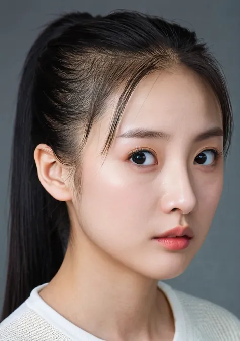 girl, 独奏, Mug shot, Cold expression, Lady, High nose, Swan neck, Long and large eyes, Larger mouth, Low Ponytail, Wide forehead, View from the side