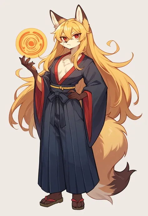 (full body,,The left hand is on the hip),((The right hand is out in front)),small breasts,Adult female fox, Furry, Golden fur, Golden facial fur, long golden hair, The hair on his hands is golden, Golden yellow hair on the back of the hand, Light-filled ey...