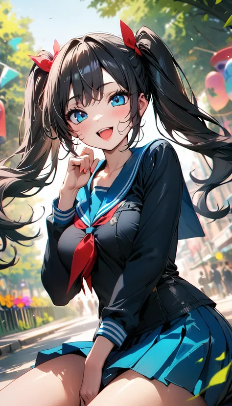 (Highest quality:1.2, 4K, 8k, Very detailed, Latest, Vibrant, Attention to detail, masterpiece:1.2, Highest quality, Best aesthetics), (((1 girl))), ＪＫ, Sailor suit, Pleated skirt, Open your mouth:1.2, Cute Smile:1.1, (Black Hair, Long twin tails), Dynamic...