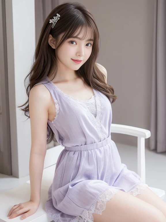 photo-realistic quality、20-year-old japanese idol sitting on a white chair wearing a pale gray-purple lace mini dress, full body...