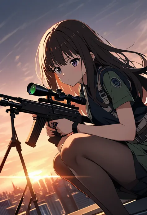 1girl, inoue takina, lycoris recoil, on the rooftop of a building at dawn, with the first light of day breaking through the cityscape. She is holding a Dragunov sniper rifle, looking through the scope and aiming with a focused and determined posture. The c...