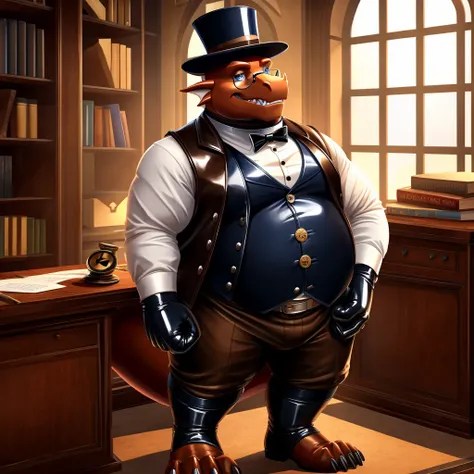 Solo, Male, fat, extremely obese, gentleman, dapper Professor Dragon, blue eyes, (posing:1.3), (soft shading), 4k, hi res, ((detailed face, detailed)), looking at viewer, mouth wide open, steampunk, dapper clothing, collared shirt with buttons, top hat, ma...