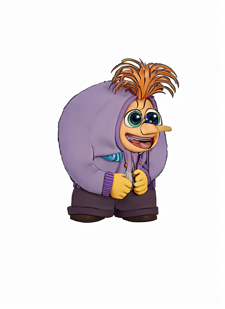 yellow skin, purple furry jacket, orange hair, holding a YAY! flag, brown pants, pixar inside out character