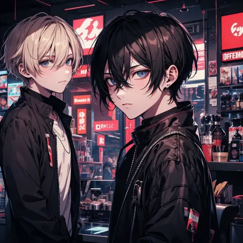 anime cyberpunk style, man in coffee shop, highly detailed, HD, dark background，two boys，（handsome）（Look at each other affectionately）