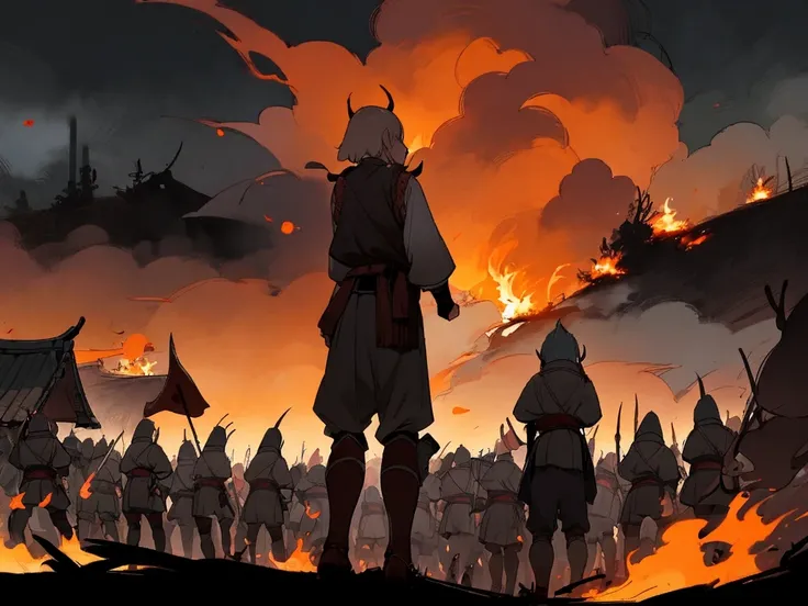 A lot of samurais standing, war, burning village background, night