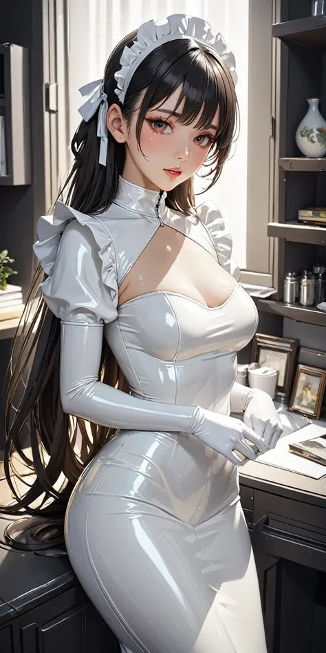 Portraiture、(masterpiece,Highest quality,Ultra-high resolution),Japanese women, (((Very beautiful 25 year old girl))),(White latex maid outfit)、((White latex long skirt))、(A long-sleeved latex shirt that covers the upper body)、White latex gloves、White late...