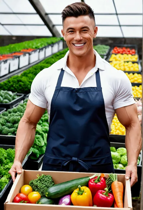 Smiling muscular man in apron holding a box of vegetables，thumb up, advertisement picture, advertising photograph, wearing apron, promo image, personal profile picture, gardening, farmer, promo art, Home and garden, Handsome man, attractive and good lookin...