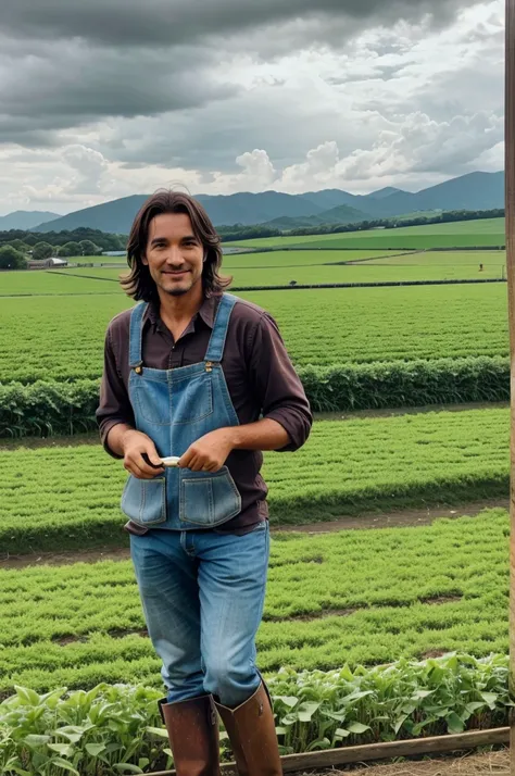 A buetyfool farm with their farmer and great cloudy weather 