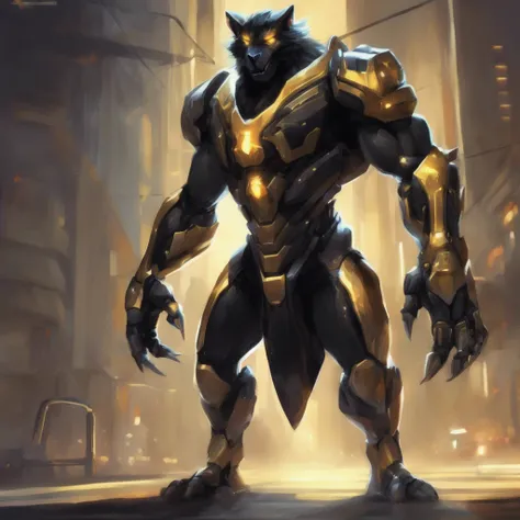 (Solo Furry humanoid yiff Protogen) Dark black silky shiny fur, organic black body and legs, sleek black protogen mask protogen visor protogen face with shiny golden accents, golden glowing bright eyes, pointy ears, black and gold cybernetic robot arms, go...