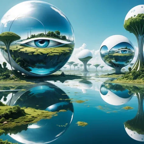 Close-up of the reflection in the eye, we see a surreal landscape with floating islands and futuristic structures. Action: The eye subtly moves, and the reflections inside it change accordingly. Lyrics: "Bite your lip and cross your fingers / Can’t yet see...