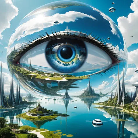 Close-up of the reflection in the eye, we see a surreal landscape with floating islands and futuristic structures. Action: The eye subtly moves, and the reflections inside it change accordingly. Lyrics: "Bite your lip and cross your fingers / Can’t yet see...