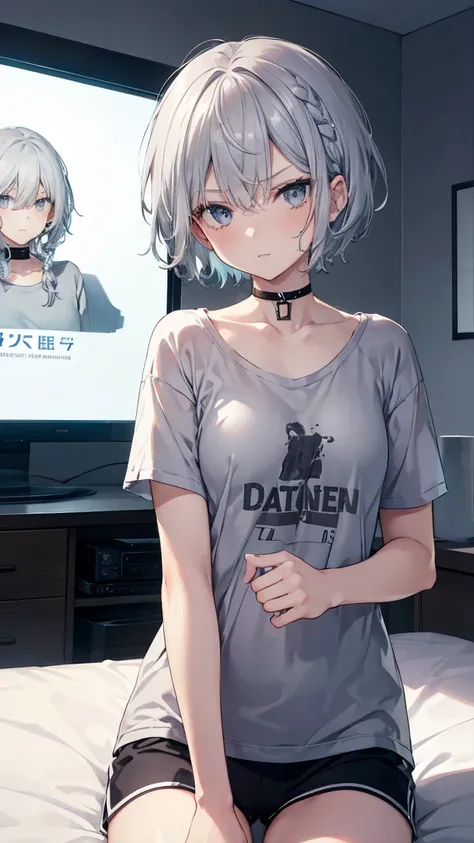 High resolution,high resolution,Girl,(Braiding,Gray Hair,Short Hair,Blue accent color),Grey Eyes,Slanted Eyes,Bad mood,boyish,slender,Naked T-shirt,sit,On the bed,Dark Room,tv set,choker,,