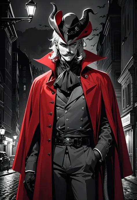 (masterpiece, best quality,ultra highres),male old Devil,silver hair,Devil in a red tricorn hat,devil horns,Mustache,Red mantle,Lizard-like gray tail,thin body,Devil Deceiver,europe at night,He is illuminated by the streetlight,monochrome with Splash Color...