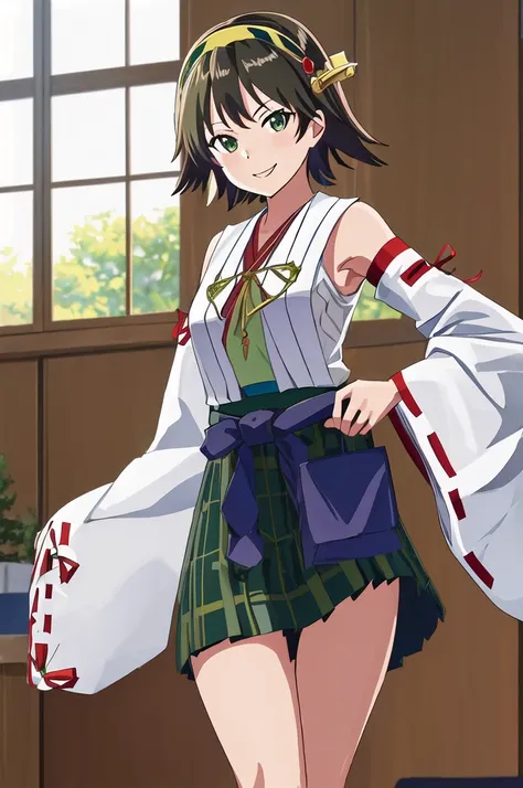 Highest quality, masterpiece, High resolution, alone, (Hiei Kaisan_Fleet Collection), ((オレンジ色hair)), hairband, headgear, Non-traditional_Shrine maiden, smile, green_eye, Inverted up_hair, smile, One Girl, dependent_sleeve, green_skirt, Plaid, Plaid_skirt, ...