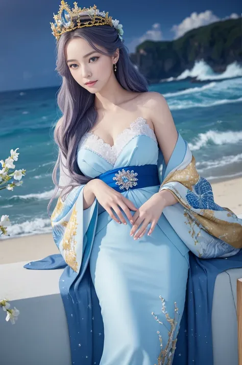 Hyper-realistic digital painting of a sea queen boasting natural wave hairstyles, crowned with delicate flowers, flawless white fine skin enveloped in a traditional kimono, striking blue-gold eyes captivating against a starry nocturnal seascape, accented b...