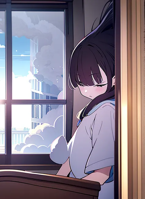 1girl, Living Room, Sailor suit, short sleeve, Cumulonimbus, buzzer, Window, long hair, blunt bangs, black hair, masterpiece, snapshot, The wind is blowing