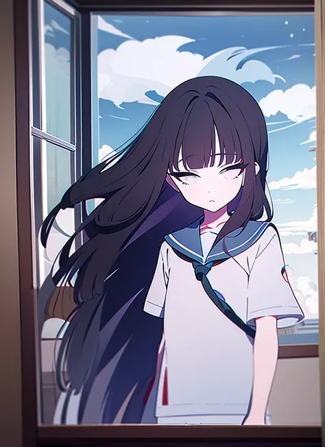 1girl, Living Room, Sailor suit, short sleeve, Cumulonimbus, buzzer, Window, long hair, blunt bangs, black hair, masterpiece, snapshot, The wind is blowing