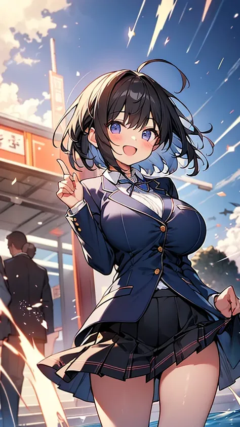 huge breasts,breasts clothes,silhouette,ultra large school blazer uniform,(short hair,black hair),loose-fitting blouse,Sporty aura,
happy laughter,energetic for nothing,Excessive youth,