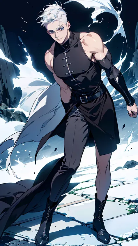 Upper body , 1male,bishounen, male focus, 25 years old, ((white hair, very short hair, undercut:1.2)) , ,light blue eyes ,  pale skin, pointy ears, fangs, villain smile, BREAK He wears a long sleeveless black cassock , Bare legs, black boots BREAK (((profe...