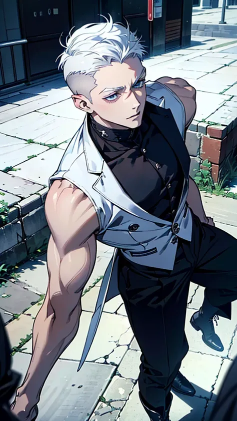 Upper body , 1male,bishounen, male focus, 25 years old, ((white hair, very short hair, undercut:1.2)) , ,light blue eyes ,  pale skin, pointy ears, fangs, villain smile, BREAK He wears a long sleeveless black cassock , Bare legs, black boots BREAK (((profe...