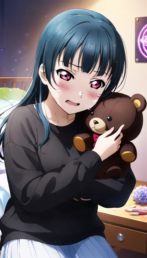 Create an illustration of Yoshiko Tsushima from "Love Live! Sunshine!!". She has long blue hair and red eyes. Shes wearing a black sweatshirt, sitting on her bed in a dimly lit room with a fan, and crying intensely，One girl, Highest quality, far and near m...