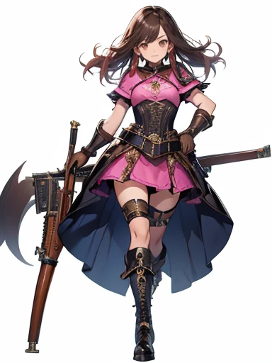 Imagine perfect image.most beautiful girl in full body,  standing, with her legs open,  Tender smile, sharp teeth, Fangs,  mischievous look, medium breasts, long brown hair,  blue almond eyes, holding a 17th century musket ( rifle) and wearing a short pink...