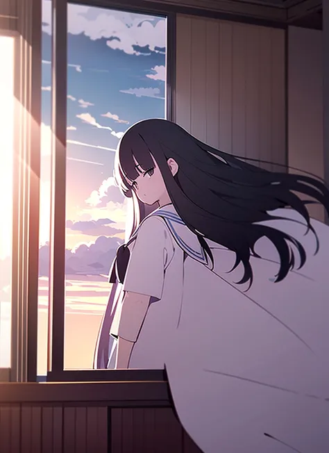 1girl, Living Room, Sailor suit, short sleeve, Cumulonimbus, buzzer, Window, long hair, blunt bangs, black hair, masterpiece, snapshot, The wind is blowing