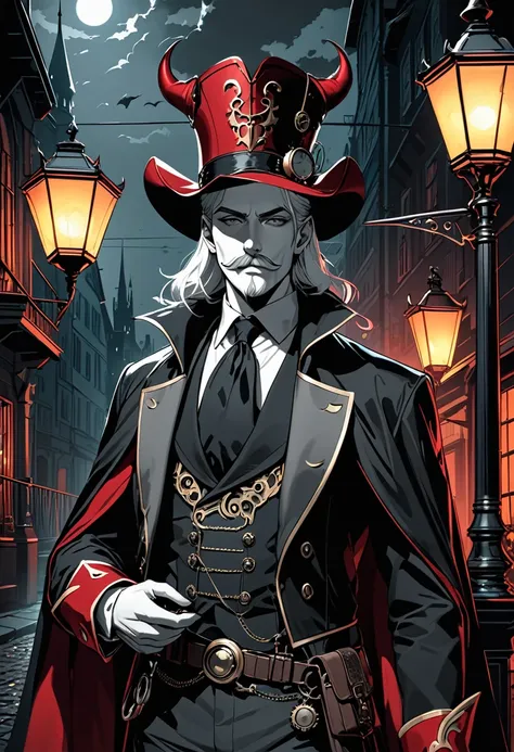 (masterpiece, best quality,ultra highres),male old Devil,silver hair,Devil in a red tricorn hat,devil horns,Mustache,Red mantle,Lizard-like gray tail,thin body,bad smile,Devil Deceiver,europe at night,He is illuminated by the streetlight,monochrome with Sp...