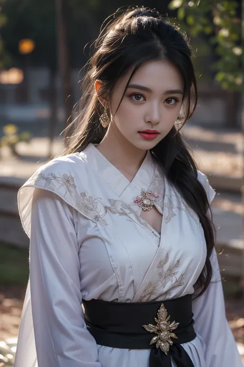 1 beautiful girl in Hanfu costume, ((thin purple-black silk shirt with many patterns)), white lace shirt, long platinum purple ponytail Hair, Jewelry, ear jewelry, necklace necklace and necklace, carefully drawn big purple eyes, careful makeup, Thin eyebro...