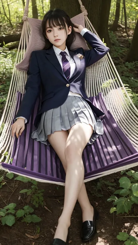 masterpiece, Highest quality, One girl,Nahida_Genshin Impact, Cruciform pupil, ,blazer, Pleated skirt,noon,Sleeping in a hammock in the woods,There&#39;s a little bird on my shoulder