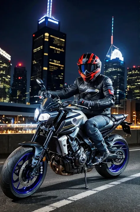 A photo of a cool guy riding a Yamaha MT09SP bike。The man was wearing a suit and no helmet.、Modern buildings and the night view of the city are in the background.。Highlights the details of the bike and the cool look of the man。