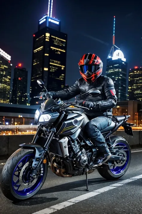 A photo of a cool guy riding a Yamaha MT09SP bike。The man was wearing a suit and no helmet.、Modern buildings and the night view of the city are in the background.。Highlights the details of the bike and the cool look of the man。